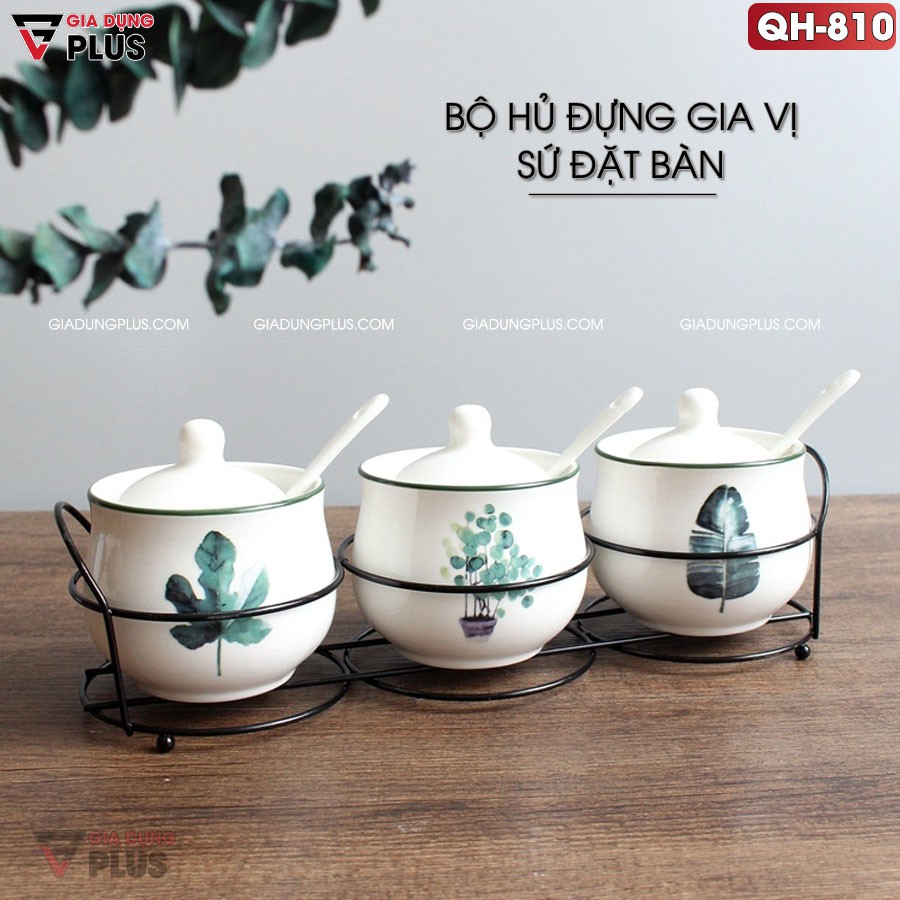 Bộ hủ đựng gia vị sứ kèm kệ đặt bàn màu trắng, trang trí nhẹ nhàng theo phong cách Bắc Âu | Gia Dụng Plus