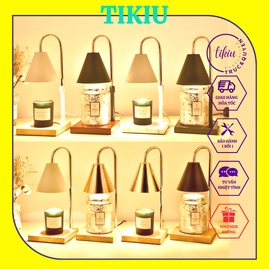 Đèn đốt nến thơm tikiu chụp nón kim loại đế gỗ để bàn phụ kiện trang trí nến thơm yankee, bath & body works 2022
