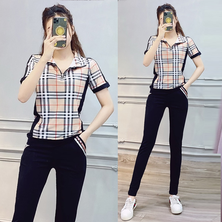 Bộ đồ thể thao phối sọc caro cổ cao khóa lửng TT386 cotton 100% Siêu Mịn Đẹp Hàng Chuẩn Shop Xuất Khẩu Nhật Hàn