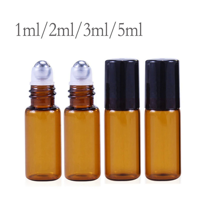 50pcs 1ml 2ml 3ml 5ml 10ml mỏng kính cuộn trên chai lọ dầu với con lăn kim loạiThủy tinh Bóng Mẫu thử nghiệm thiết yếu hổ phách