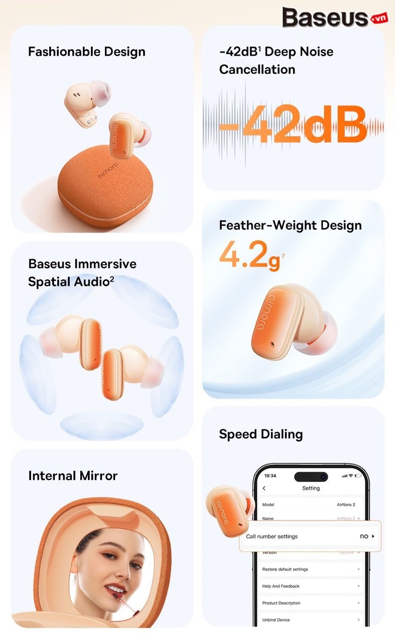 Tai Nghe Bluetooth Baseus AirNora 2 True Wireless Earphones Hybrid ANC Nhỏ Gọn Thời Trang