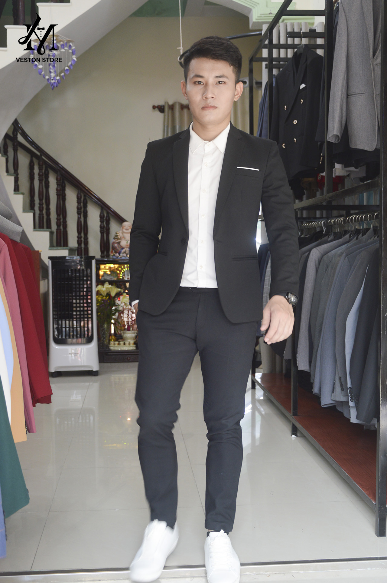 [HCM]Bộ vest nam ôm body màu đen dày tặng kèm phụ kiện cavat  nơ