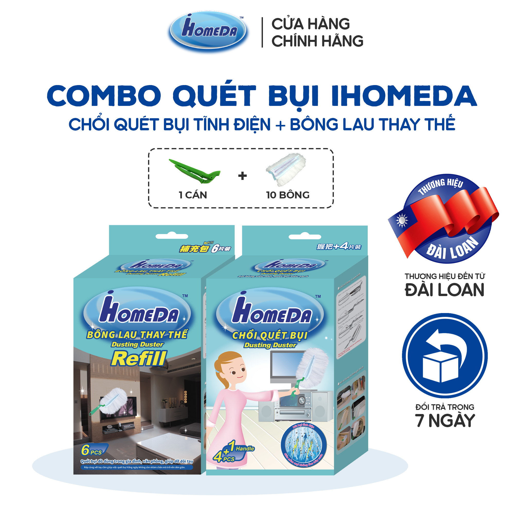 Combo Chổi Quét Bụi Thông Minh (1 Chổi + 4 Bông) + Bông Lau Thay Thế (6 Bông/ Hộp) iHomeDa