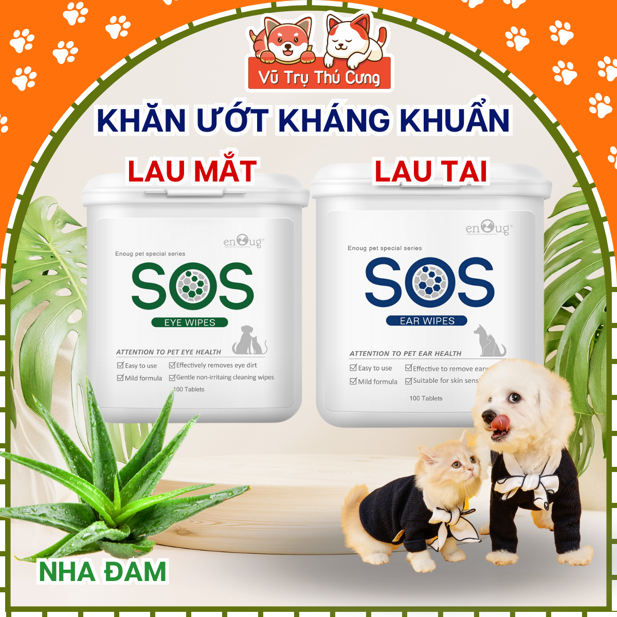 Khăn ướt chuyên dụng SOS, lau ố mắt, lau ố tai cho thú cưng chó mèo, hộp 100 miếng