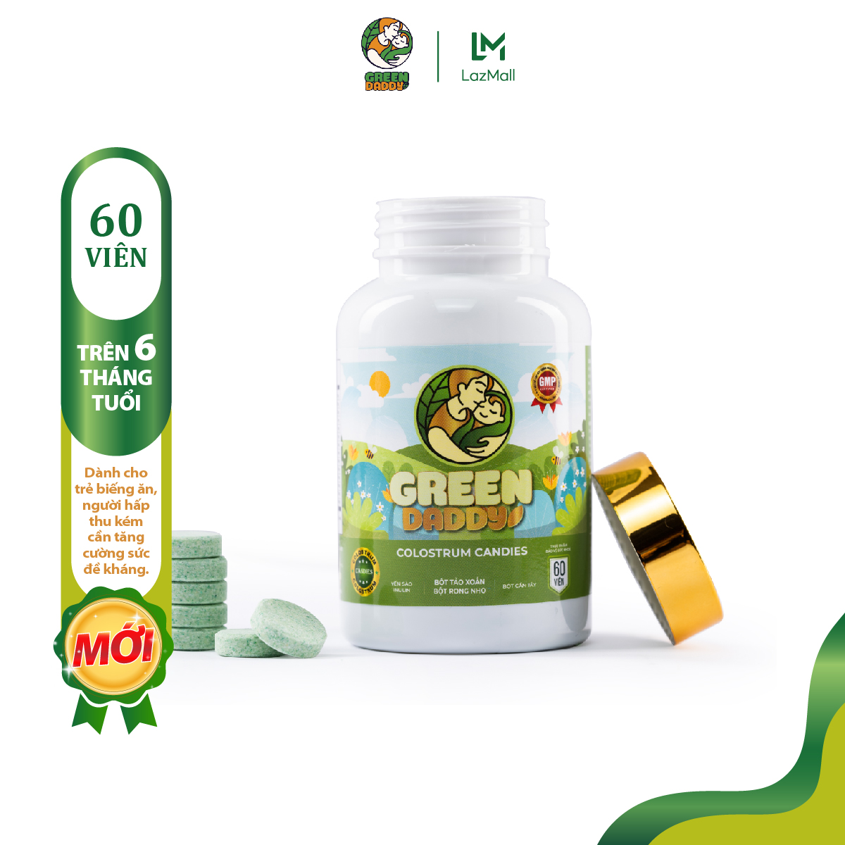 Kẹo sữa non Green daddy, tăng cường sức đề kháng, hỗ trợ trẻ biếng ăn, hấp thụ kém, hộp 60 viên, sử dụng cho mọi lứa tuổi