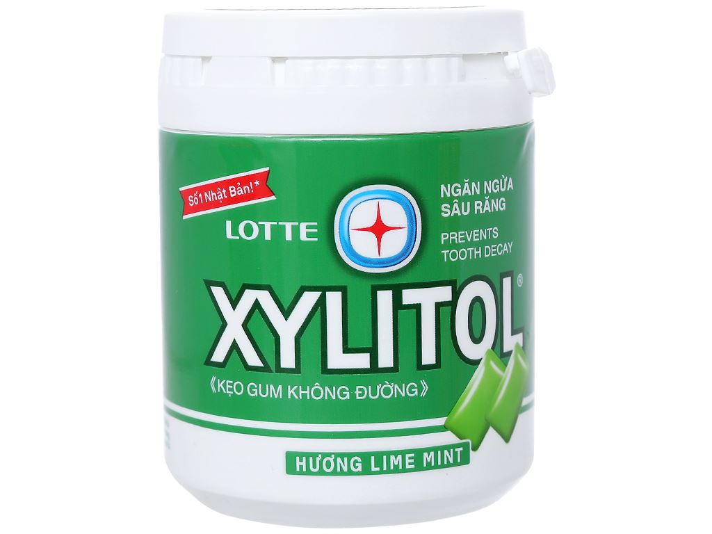 Kẹo gum không đường Lotte Xylitol hương Lime Mint hũ 137.8g