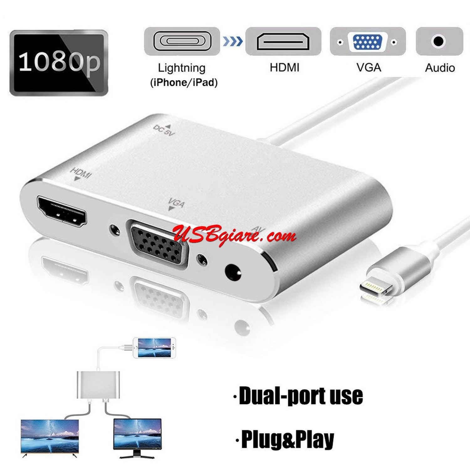 CÁP LIGHTNING SANG HDMI VGA 2 IN 1 CÓ ÂM THANH AUDIO JACK  KY-P32 |  