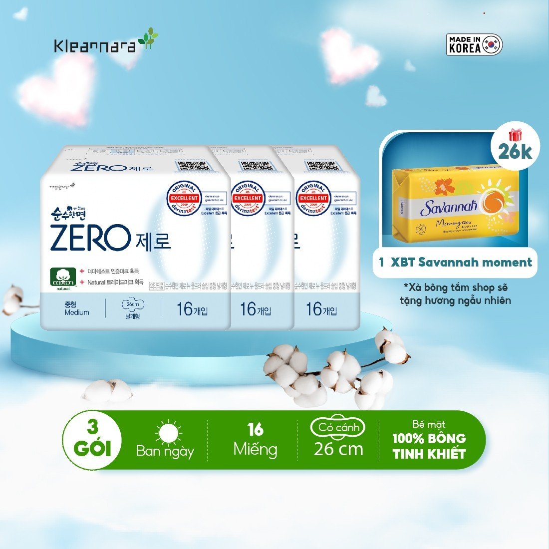 Combo 3 gói băng vệ sinh Kleannara Zero Hàn Quốc siêu êm thoáng ban ngày