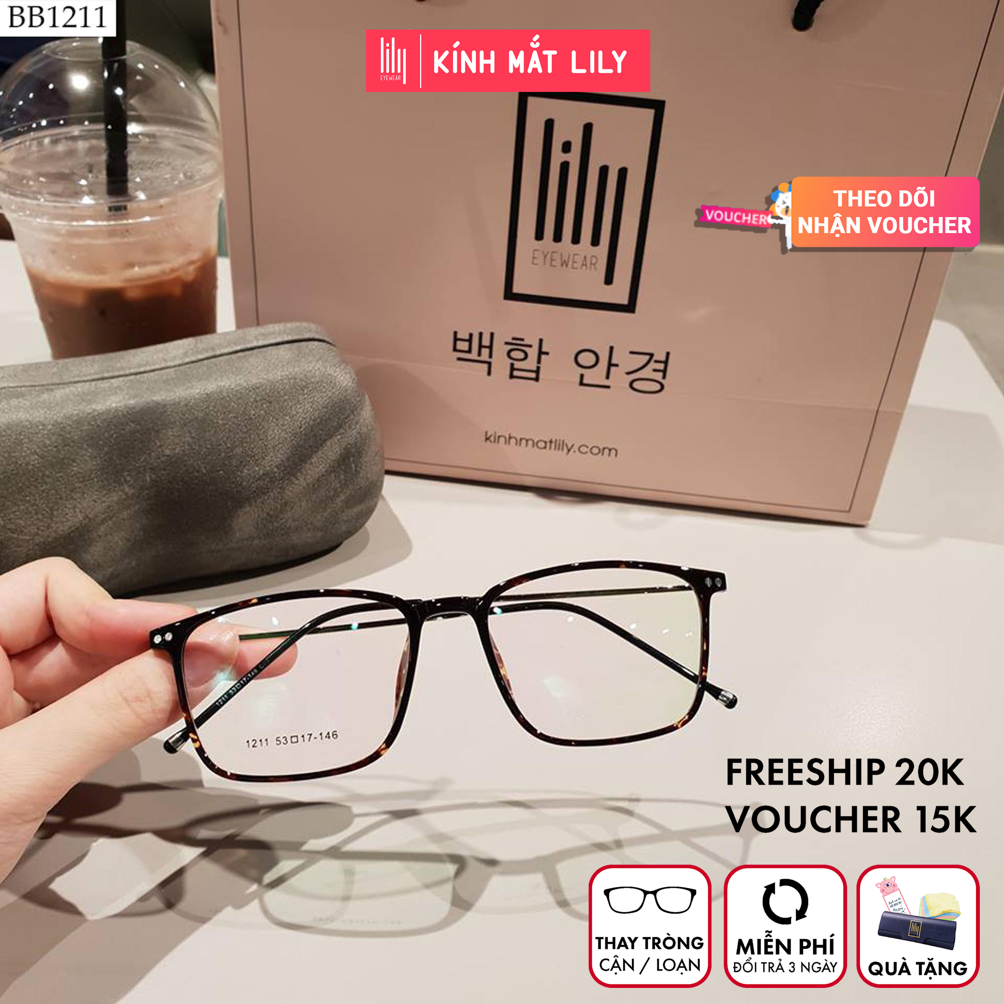Gọng kính cận bbr1211-gọng kính mắt vuông- gọng kính cận đẹp-gọng kính cận unisex-gọng kính thời trang-lily eyewear kèm quà