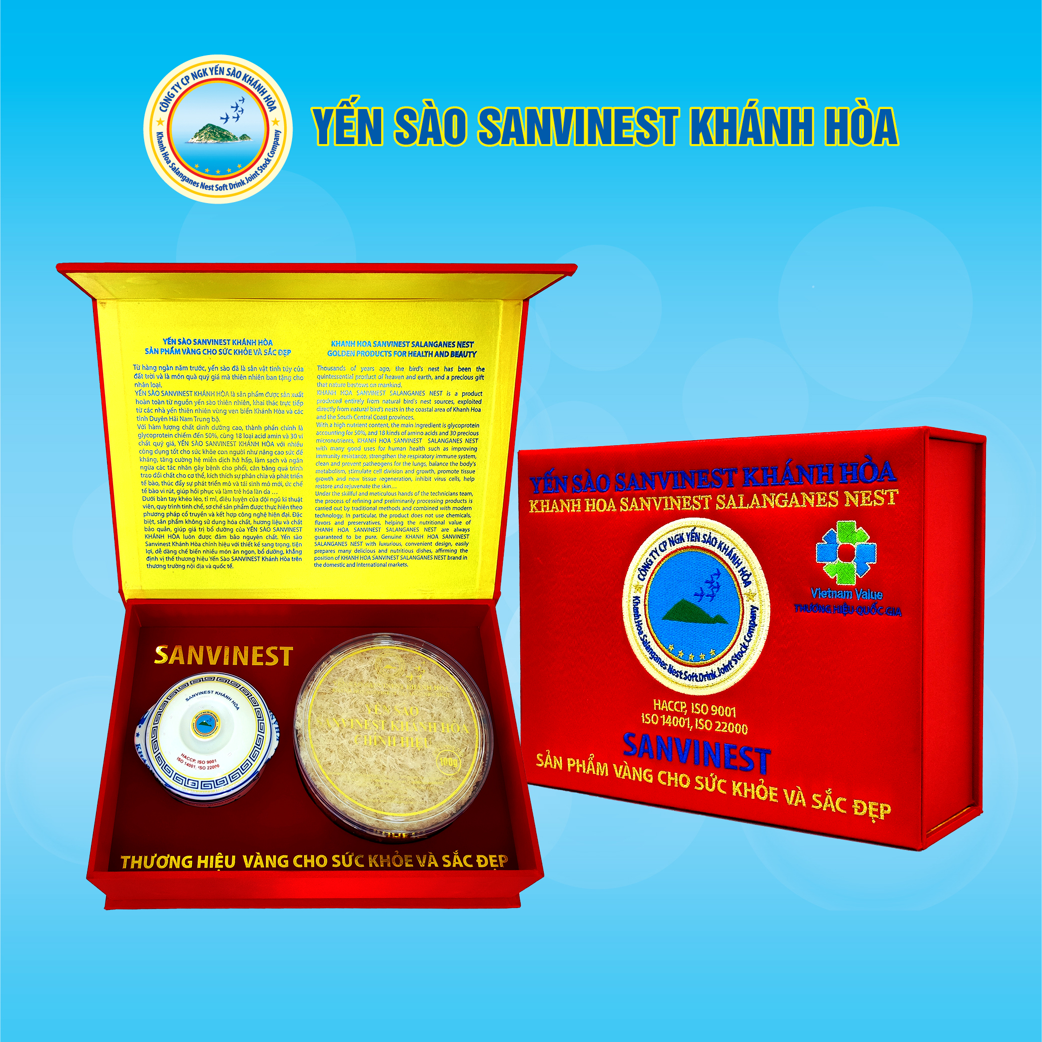 Yến sào tinh chế 100g mẫu hộp vải thêu sang trọng yến sào khánh hòa sanvinest đã được làm sạch lông..