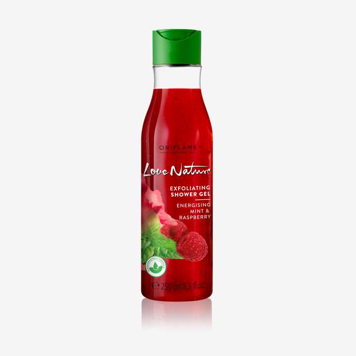Gel Tắm Tẩy Tế Bào Da Chết - Love Nature Exfoliating Shower Gel Energising Mint & Raspberry