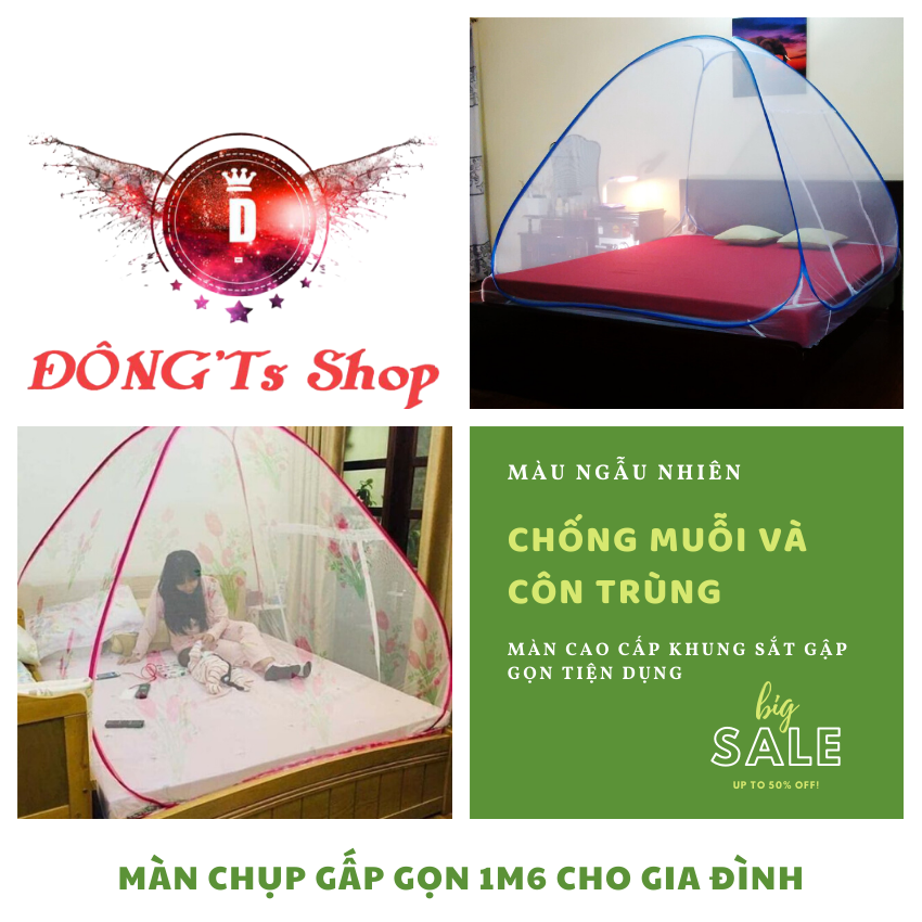 MÀN CHỤP TỰ BUNG 1M6X2M ( MÀU NGẪU NHIÊN) - Màn tự Bung Chống Muỗi và Côn Trùng- Màn, Mùng Cao Cấp Khung Sắt Gập Gọn Tiện Dụng - rất dẻo và bền đẹp - Bảo Hành 1 đổi 1 tại VanDongTS Shop