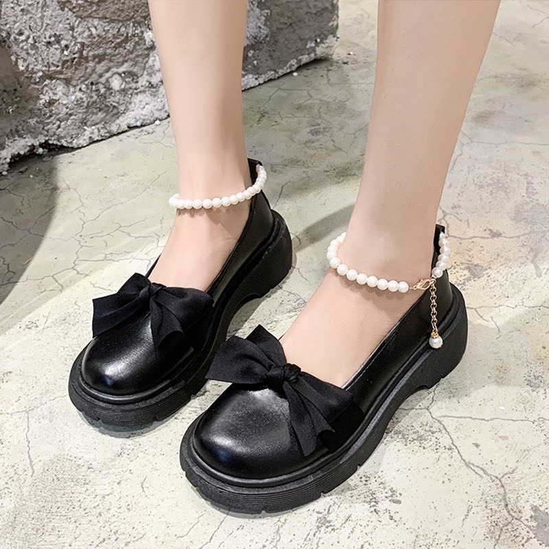 Giày ulzzang lolita phối nơ quai ngọc hai màu đen trắng, quai ngọc siêu xinh V207