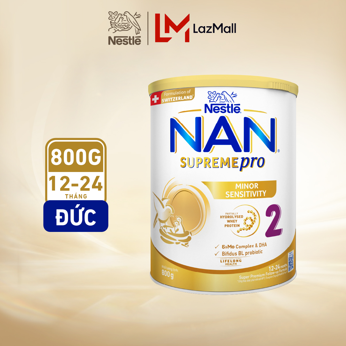 Sữa bột Nestle NAN SUPREMEPRO 2 800g nhập khẩu Đức với đạm Whey thủy phân 1 phần, 5HMO hỗ trợ triệu chứng mẫn cảm