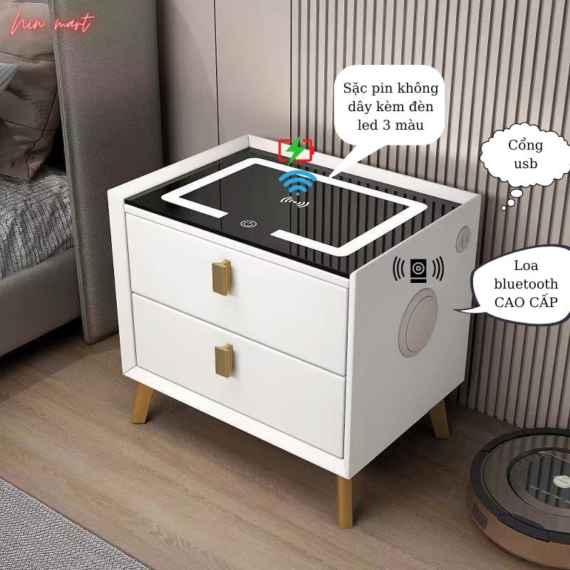 Tủ đầu giường, táp đầu giường thông minh có sặc điện thoại , đèn led 3 màu loa bluetooth bọc da
