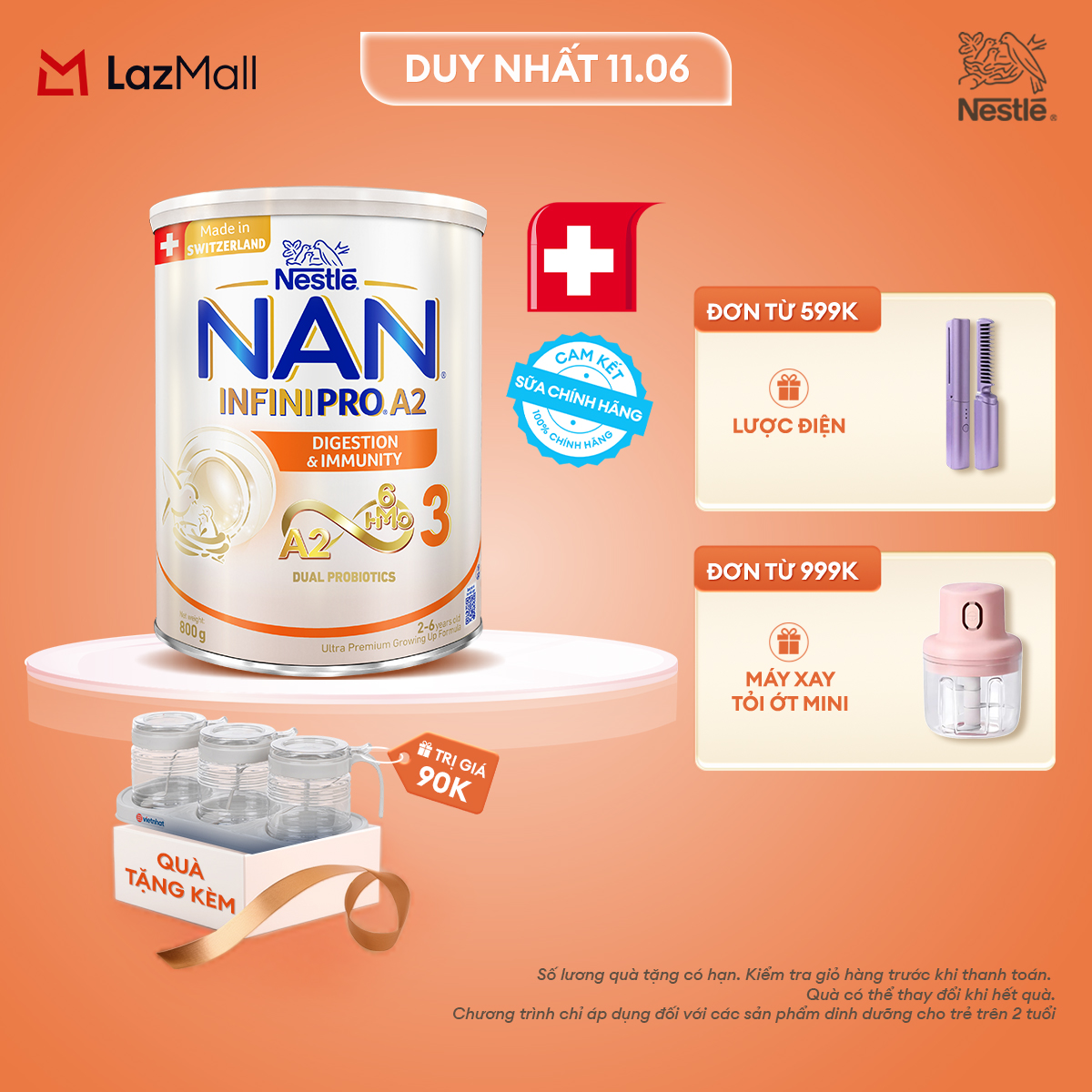 [Chỉ 11.06 QT Đơn 599K/999K/1299K][Tặng Set 3 hũ gia vị INOCHI] Sữa bột Nestlé NAN INFINIPRO A2 3 800g nhập khẩu Thụy Sĩ  với công thức đầu tiên chứa đạm A2, 6HMO  Lợi khuẩn kép