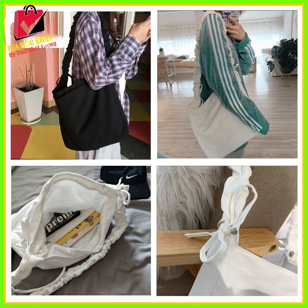 TÚI TOTE ĐEO CHÉO DÂY RÚT CÓ KHÓA & TÚI CON - VẢI CANVAS PHONG CÁCH ULZZANG RẺ ĐẸP