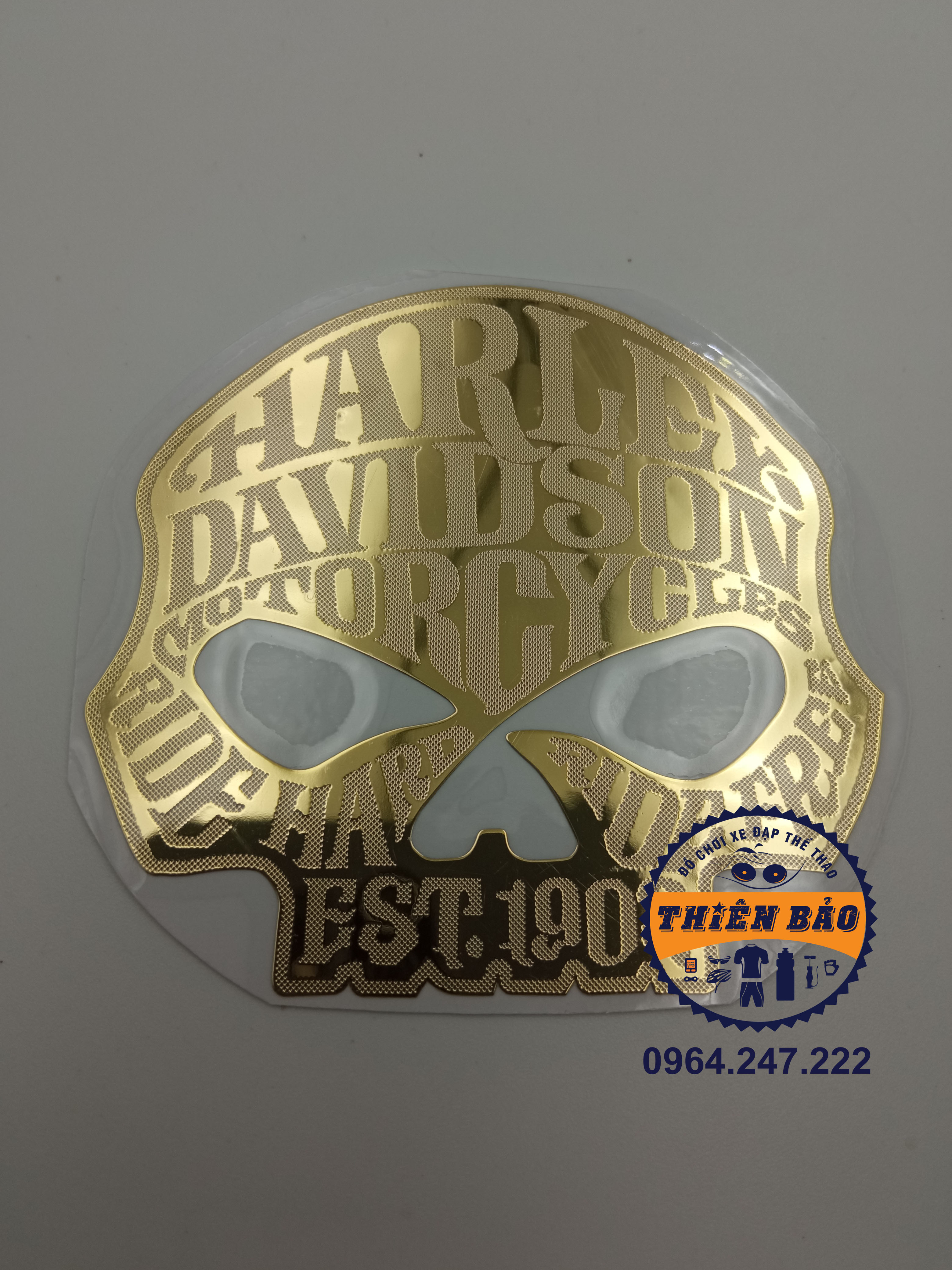 Decal dán xe máy, Tem dán xe Harley Davidson, sticker dán xe Đầu lâu chữ vàng #205