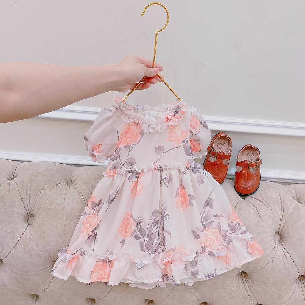 Váy hoa bánh bèo 2 lớp bèo nhún tầng cho bé gái