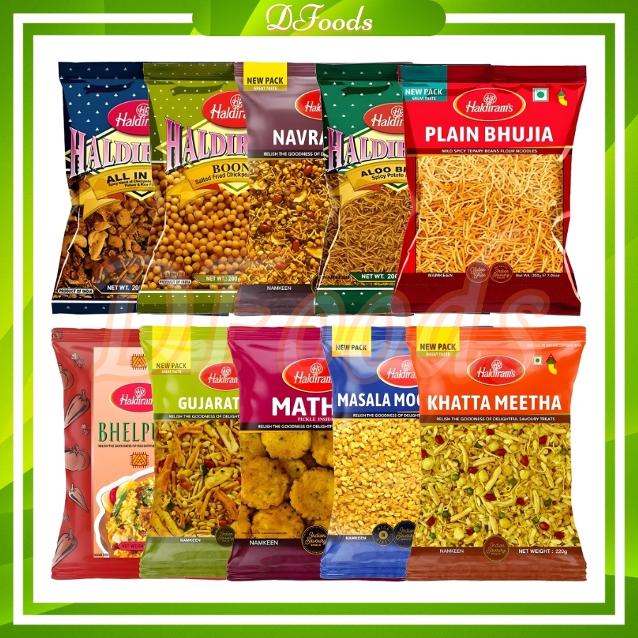 Snack haldiram's aloo bhujia, boondi, mixture, moong dal