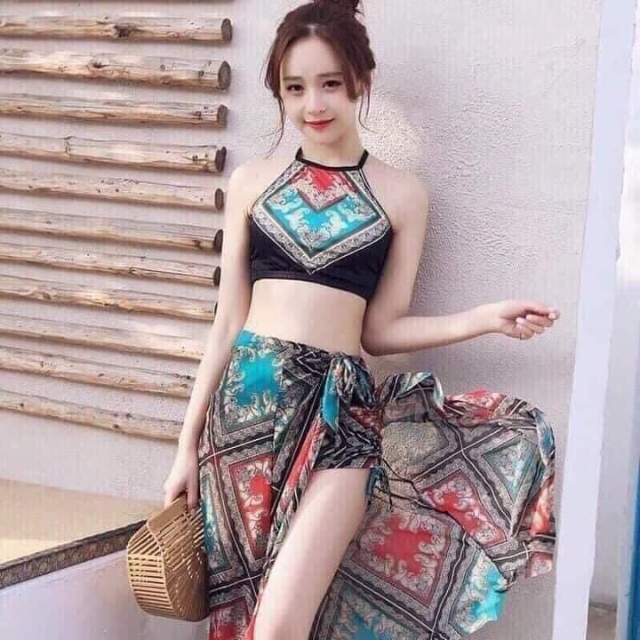 (Hàng cao cấp) Bộ bơi đi biển, bộ bikini 3 món áo cổ yếm croptop khăn ngoài thổ cẩm đẹp quyến rũ