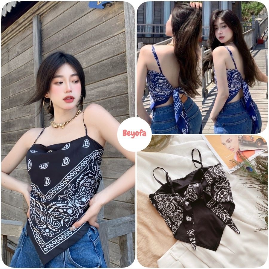 Áo yếm 2 dây nữ thổ cẩm vải lụa buộc nơ - áo hai dây họa tiết hở lưng