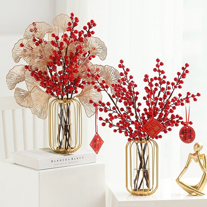 Cành Đào Đông Đỏ 95cm Cành Cherry Giả Cao Cấp Trang Trí Tết Nhà Cửa, Văn Phòng