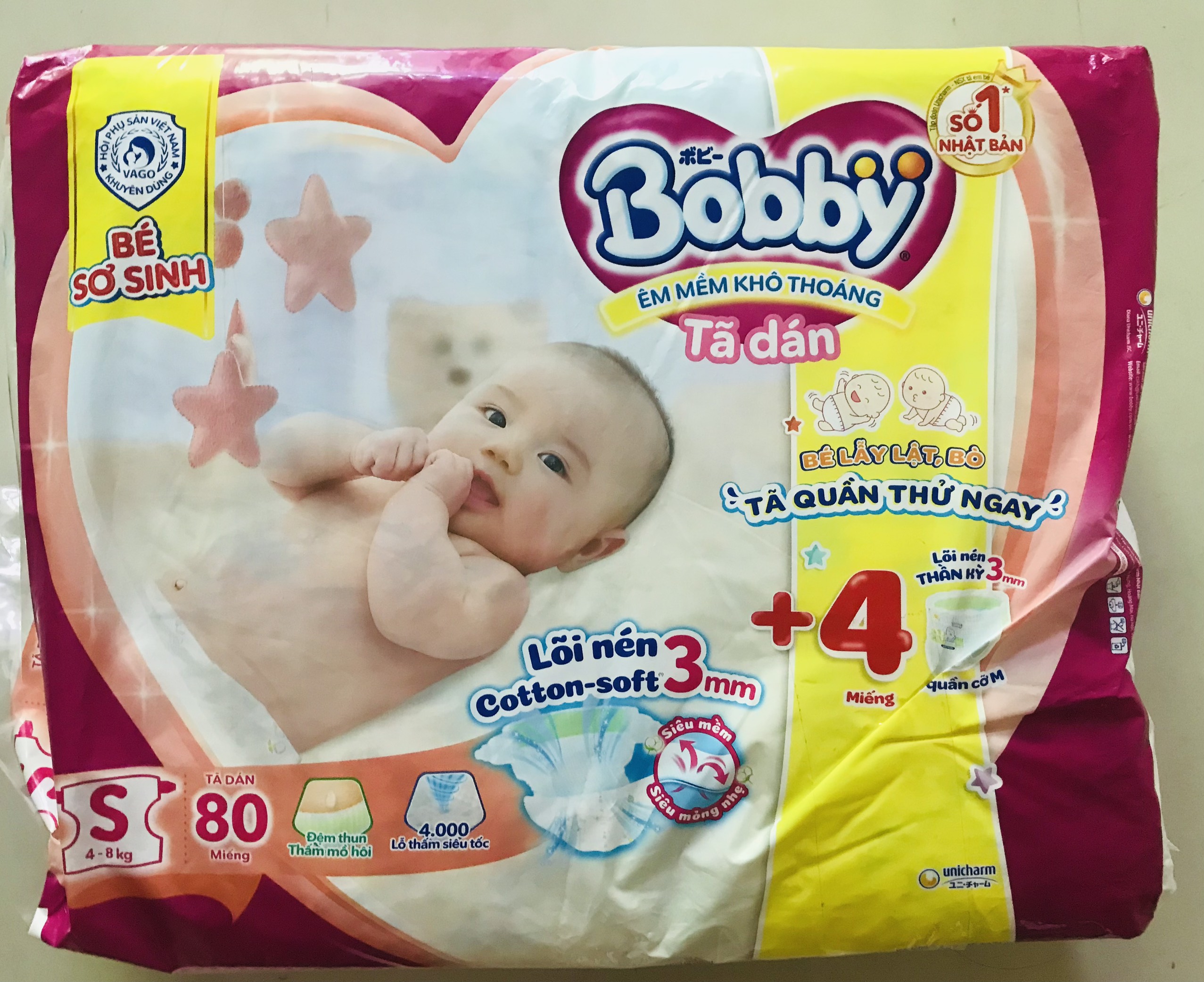 Tả / bỉm dán bobby sơ sinh size s80 tặng 4 miếng hàng chính hãng - lõi nén thần kỳ 3mm