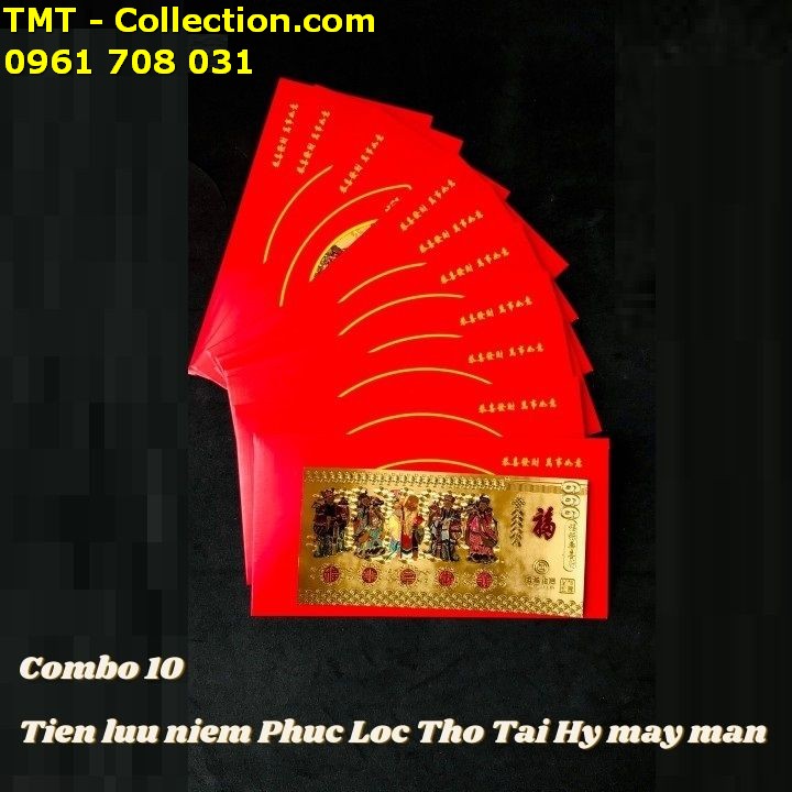 Combo 10 Tờ Tiền lì xì Phúc Lộc Thọ Tài Hỷ mạ vàng may mắn;  Màu mạ vàng, 16,1 x 7,7cm (Dài x Rộng)- SP005144