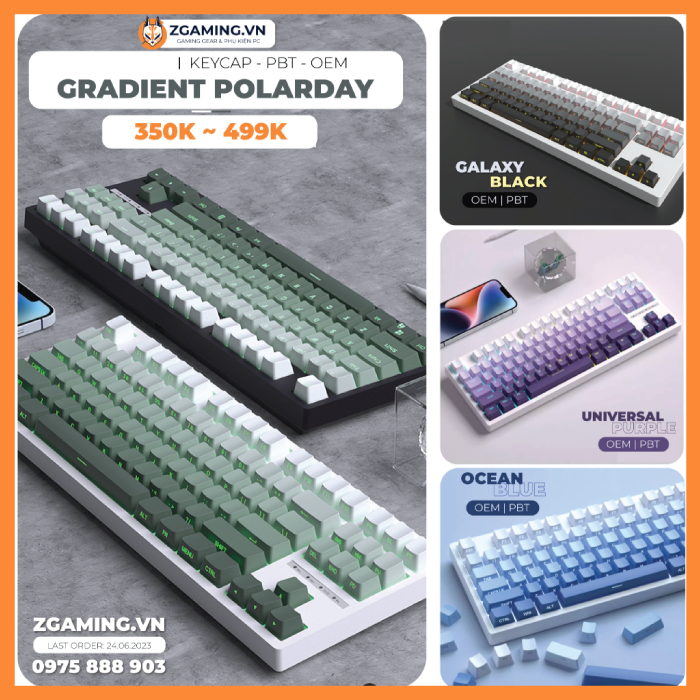 Keycap polarday gradient side print | pbt double shot | oem profile, xuyên led, full 124->130+ phím | sẵn hàng hỏa tốc