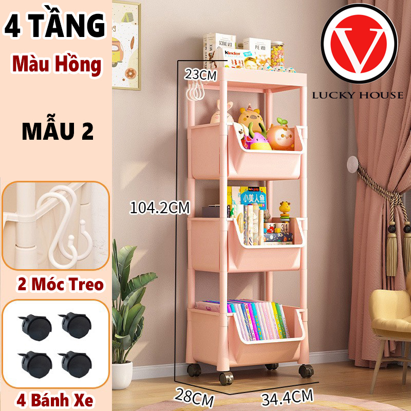 Kệ 4 tầng đa năng có bánh xe di chuyển tiện lợi - kệ đựng đồ, kệ để đồ thông minh, kệ sách, kệ nhựa 4 tầng kệ nhà bếp kệ đựng đồ bỉm sữa vlucky house