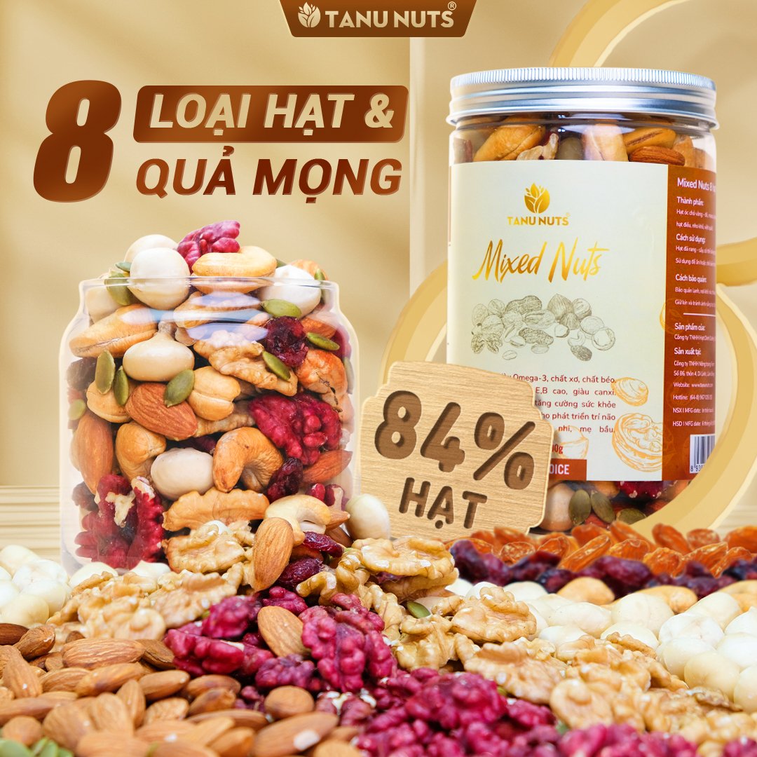 Hạt dinh dưỡng mix 8 loại hạt ngũ cốc TANU NUTS hũ 350g/500g ngũ cốc granola giảm cân ăn kiêng.