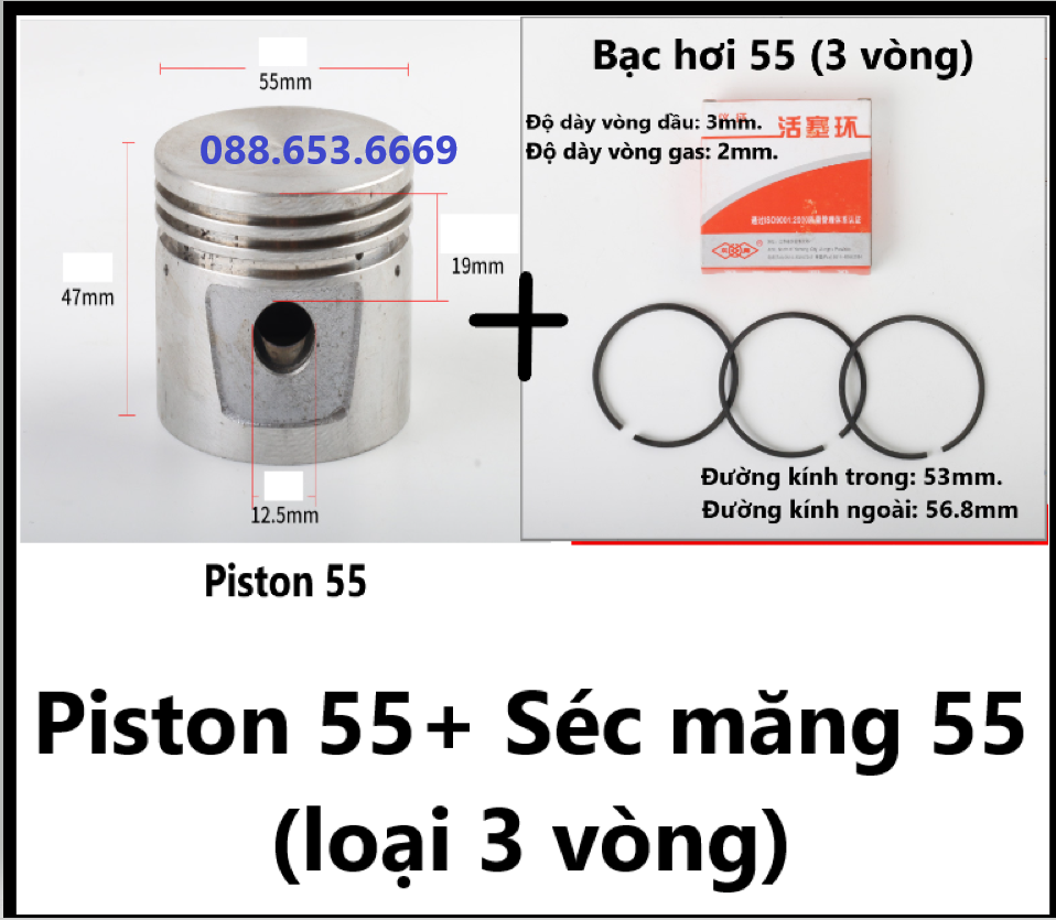 Bạc hơi 55mm trong máy nén khí chạy trực tiếp/ Pittong kèm xéc măng của máy hơi nòng 55