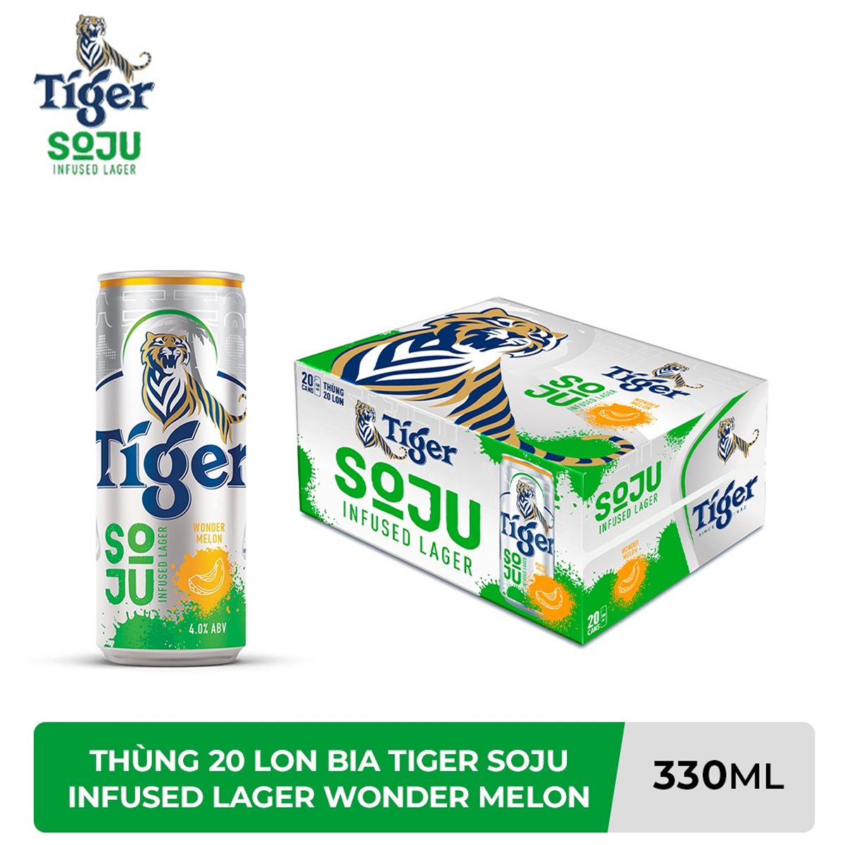 THÙNG 20 LON BIA VỊ SOJU DƯA LƯỚI TIGER SOJU INFUSED LAGER WONDER MELON 330ML