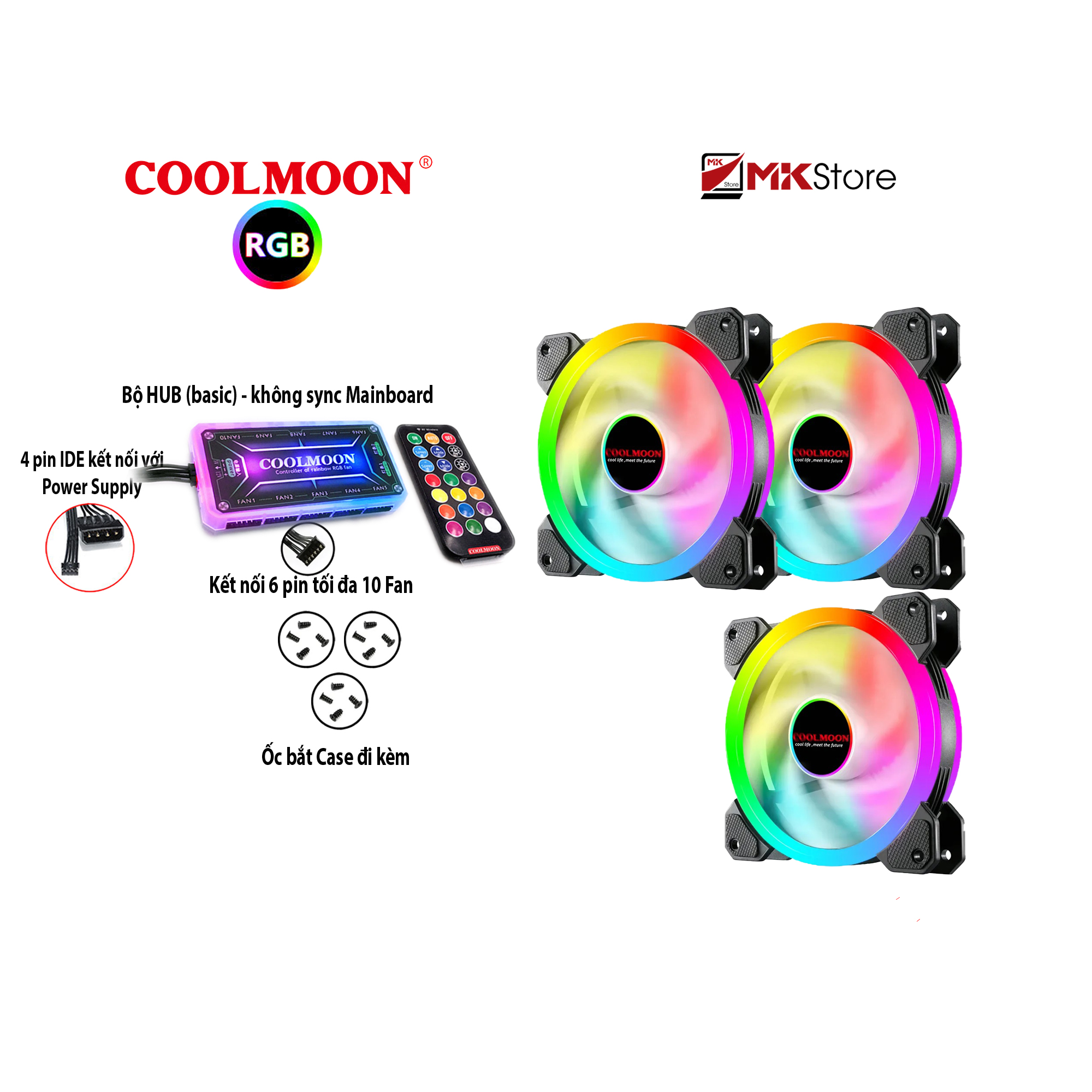 Bộ 3 Quạt tản nhiệt Fan Coolmoon Sunshine v2 6 pin RGB và HUB điều khiển (basic) MKStore