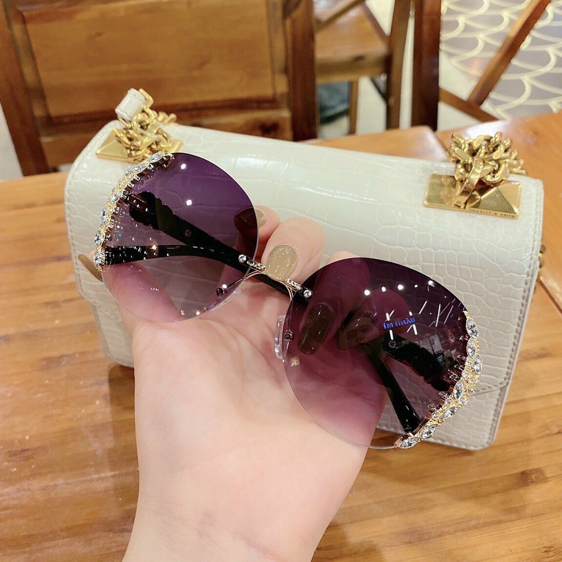 Mắt Kính Râm Chống Nắng Kính Mắt Thời Trang Không Viền Đính Đá Sang Trọng Quý Phái