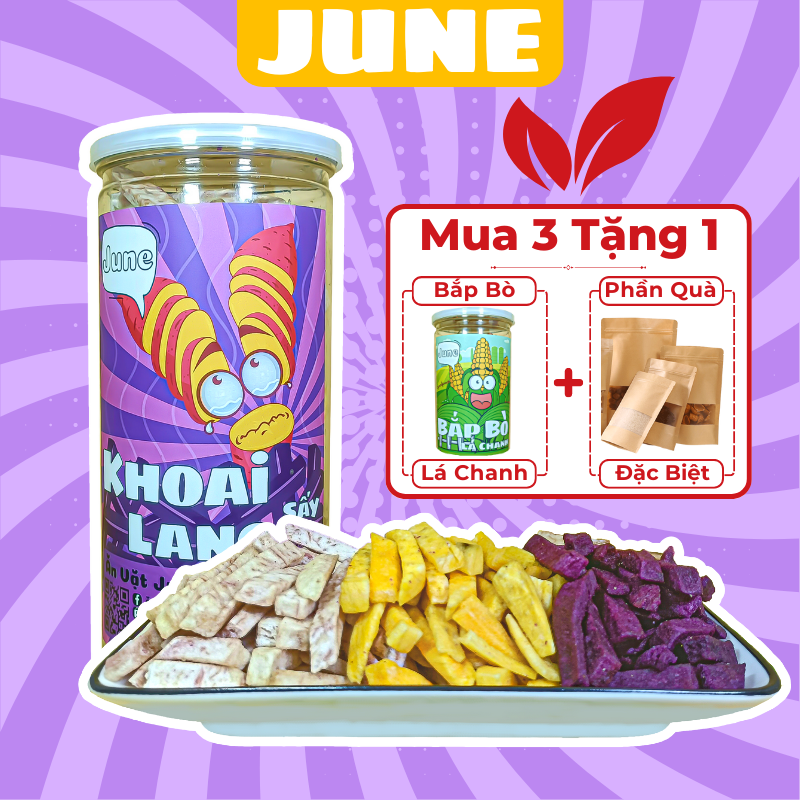 Khoai lang sấy hộp 300gr, khoai sấy sợi nguyên cọng siêu giòn loại 1, đồ ăn vặt June vừa ngon vừa rẻ