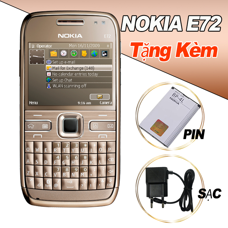 Điện thoại Chính Hãng Pin 2-5 Ngày Nokia E72 Vàng Đồng Kèm Pin Sạc Wifi 3G Nắp Lưng Bằng Thép Dùng Ngon Hơn Nokia E71 Và E63