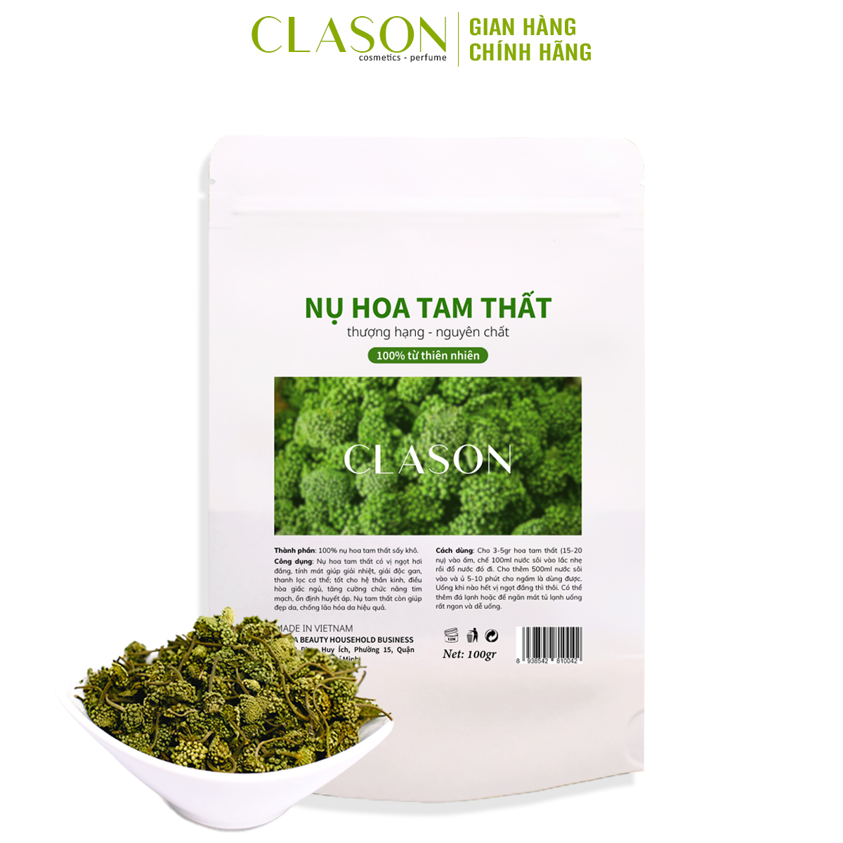 Nụ hoa tam thất khô loại 1 thượng hạng Clason giúp an thần ngủ ngon giấc, thanh nhiệt giải độc, làm mát cơ thể, bảo vệ tim mạch, tốt cho gan, tăng sức đề kháng