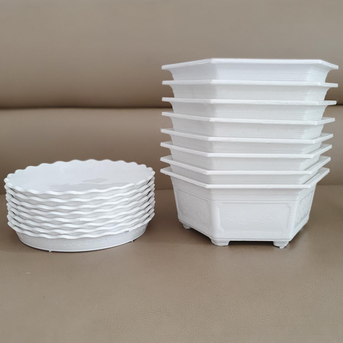 [HCM]Combo 8 chậu hoa bonsai lục giác 21cm + 8 đĩa lót chậu