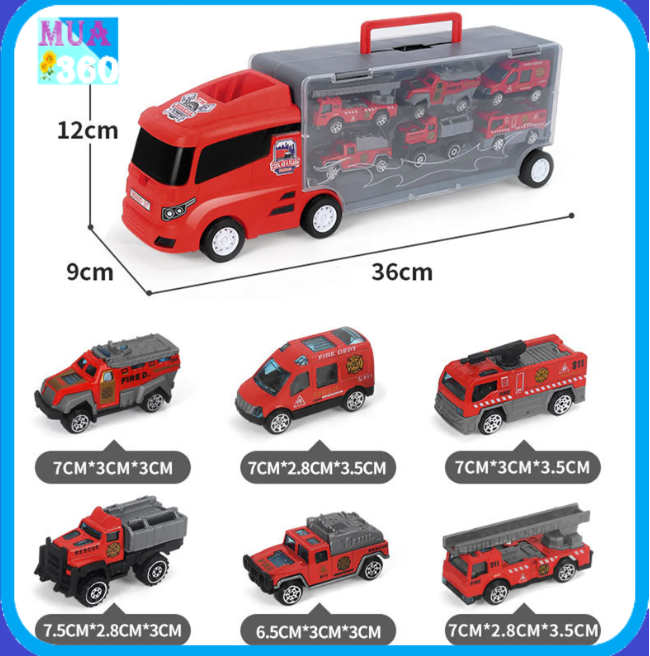 Bộ đồ chơi xe tải container 36cm chở 6 xe cứu hộ - xe mô hình đồ chơi cứu hộ cho bé