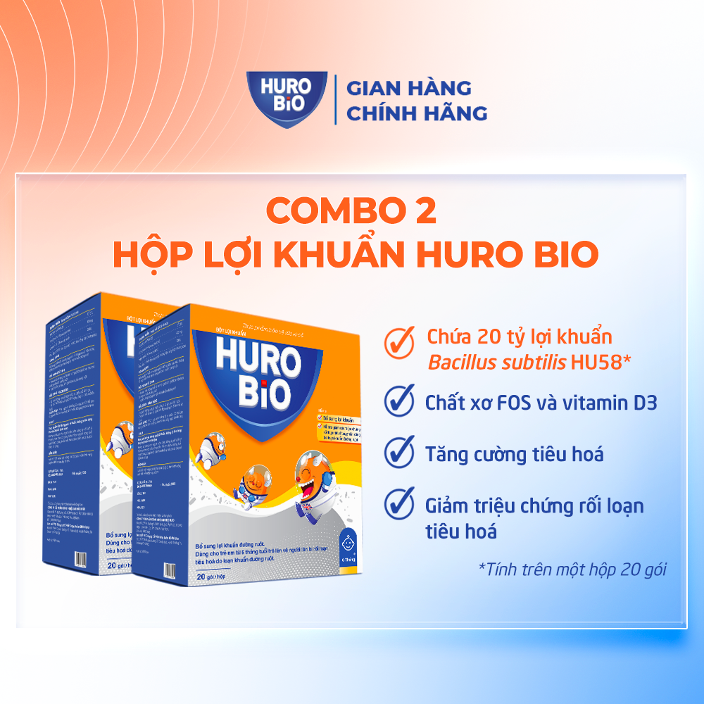 Combo 2 Hộp Bột lợi khuẩn Huro Bio chuyên dụng pha sữa & thức ăn lỏng cho trẻ em 20 gói hộp
