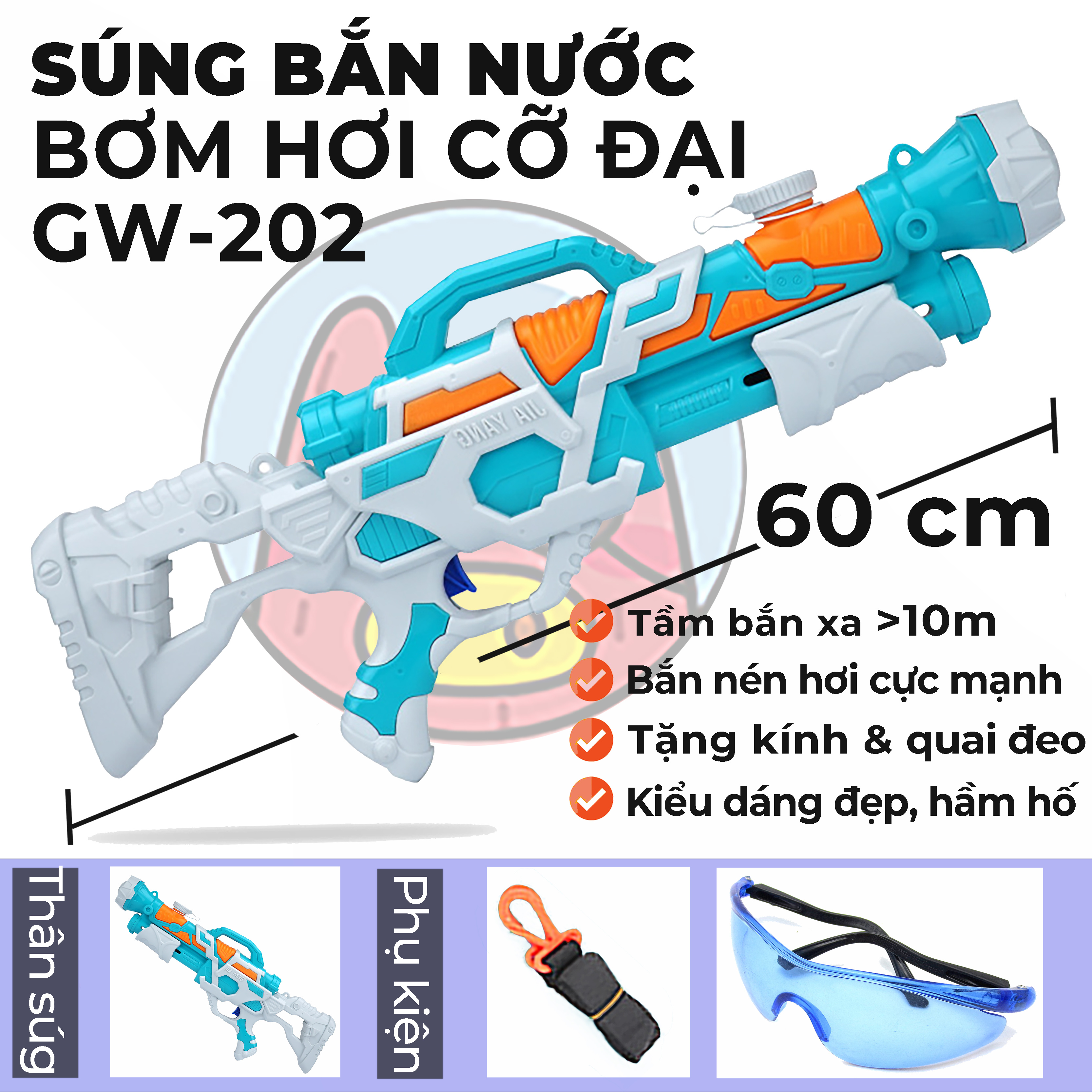 Súng Nước Đầu Đại Bác GW-202, Tặng Quai Đeo, Kính Bảo Vệ