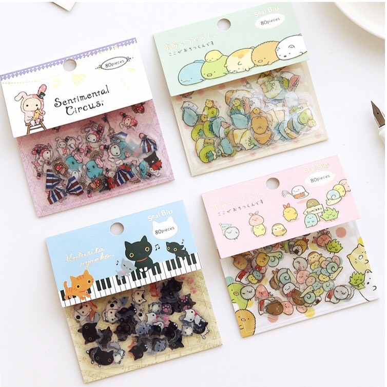 Set 3 túi khác nhau Nhãn dán sticker hình gấu, thỏ, mèo dễ thương, không thấm nước PET  ( túi 80 miếng) Canarystore54