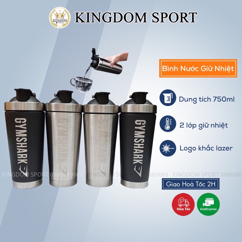 Bình lắc shaker tập gym - chai nước inox gym shark giữ nhiệt kingdom sport