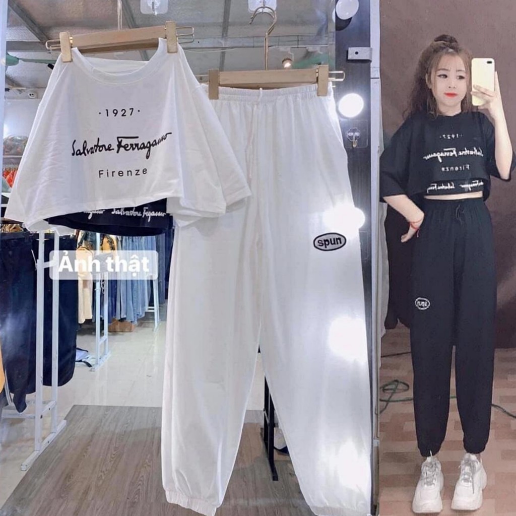 [HCM]Set đồ đa năng 5 ???? gồm áo thun croptop kèm bra lưới mix quần joggers trơn dày mịn phong cách thể thao thoải mái gym yoga nữ form rộng spun