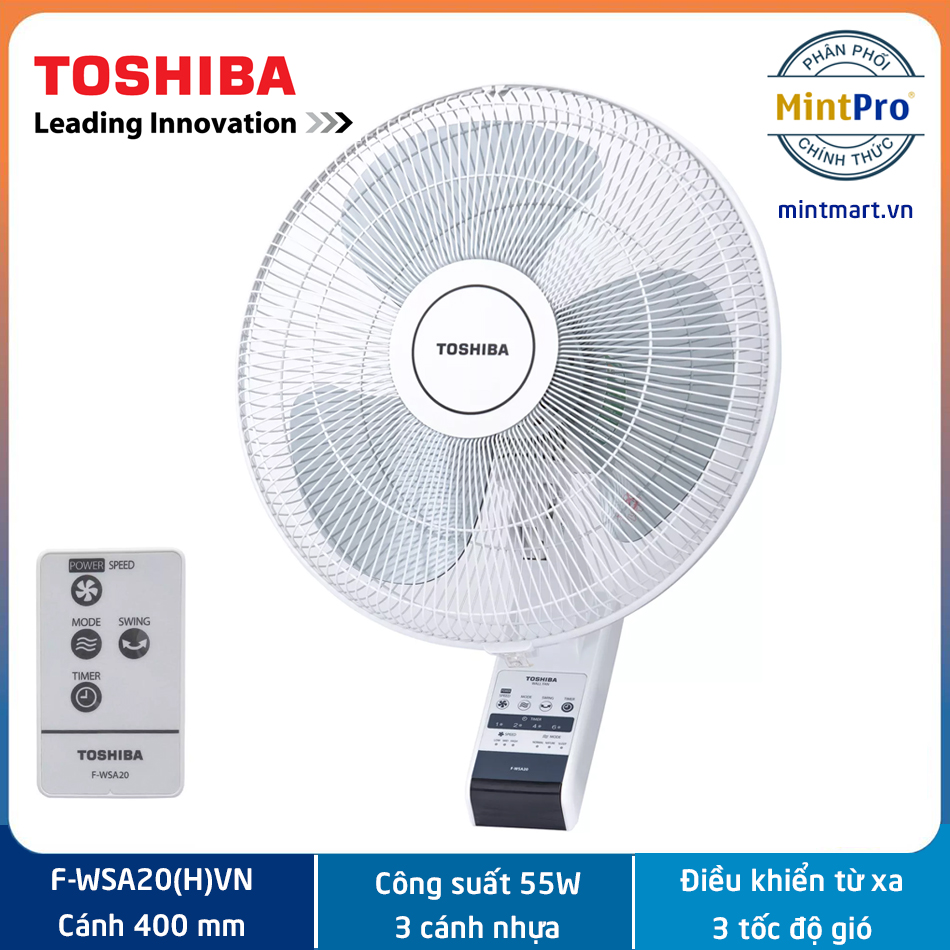 Quạt treo tường Toshiba F-WSA20VN - Điều khiển từ xa - Hẹn giờ tắt - Hàng chính hãng, bảo hành 12 tháng