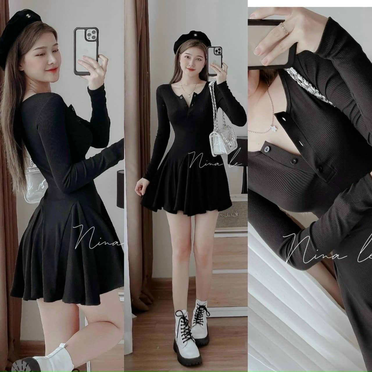 Đầm cổ trụ form xòe UD470 đỏ đen thun gân co giãn tay dài dáng xòe