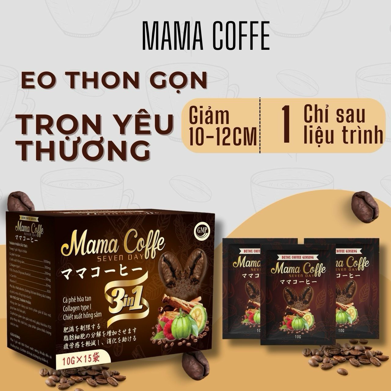 Cà phê hồng sâm collagen giảm cân đẹp da, giảm mỡ thừa, tốt cho tiêu hoá hộp 15 gói