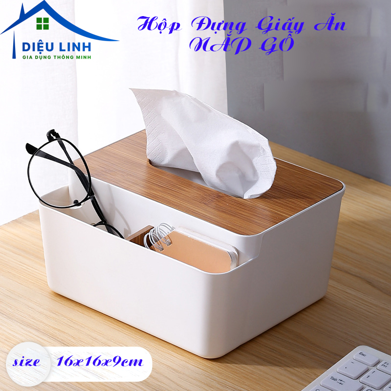 Hộp Đựng Giấy Ăn NẮP GỖ Có Ngăn Để Đồ Đa Năng Tiện Lợi Kích thước: 16x16x9cm dieulinhshop